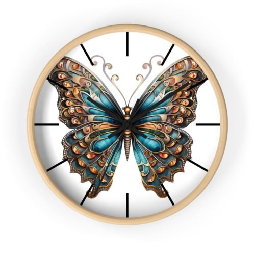 Blue Butterfly Wall Clock Rainbow Design Analog Clock 10" Wood Frame Butterflies