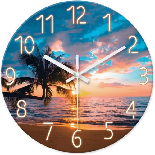 Blue Nautical Beach Wall Clocks Battery Operated Palm Tree Wall Clocks for Livin