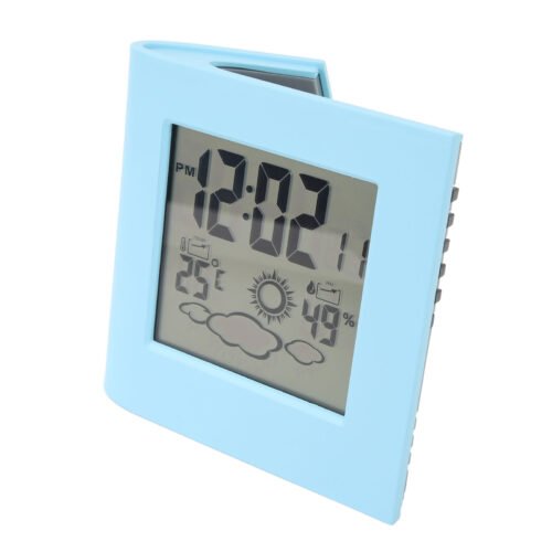 (Blue)Solar Battery Dual Energy Alarm Clock Weather Forecast Temperature Hu DS