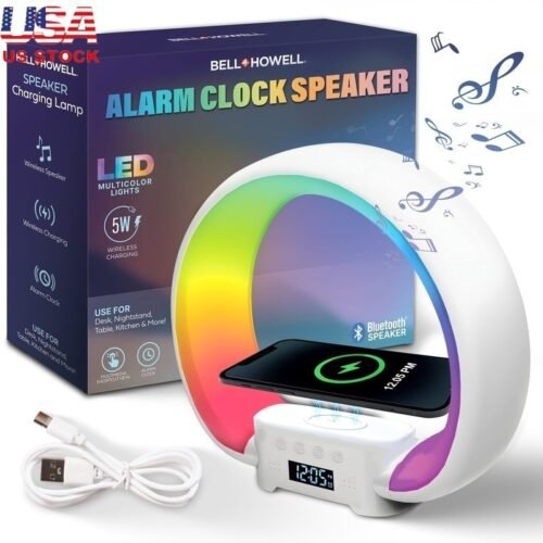 Bluetooth Speaker Alarm Clock Wireless Charger Color Changing LED Desk Lamp Home