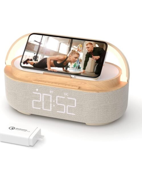 Bluetooth Speaker Alarm Clock with Wireless Charger, LED Night Light, 2500mAh
