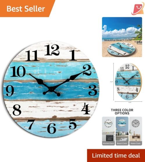 Blue Wooden Wall Clock 10 Inch Silent Quartz Vintage Coastal Decor Indoor Use