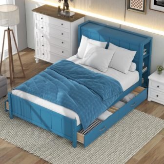 Blue Wood Frame Full Size Platform Bed with 4-Drawers and 6-Storage Shelves