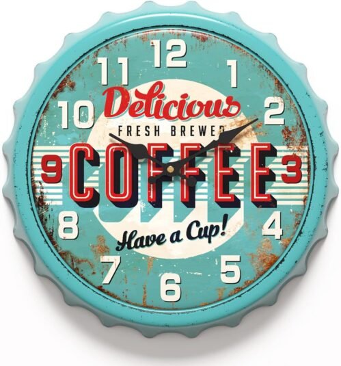 Bottle Cap Design Iron Retro Wall Clock, 13 inch Vintage Style, Coffee shop.