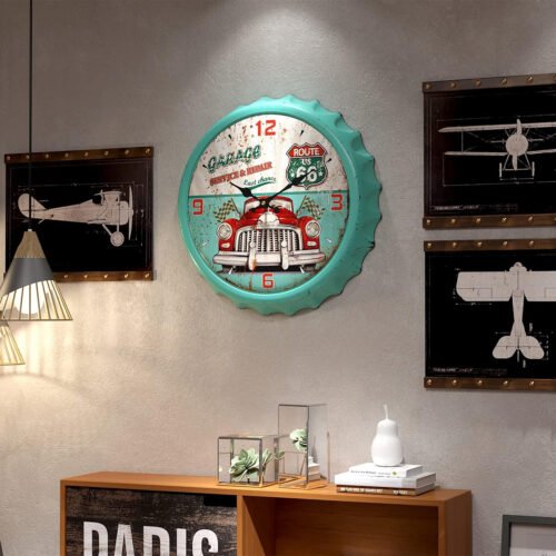 Bottle Cap Design Iron Retro Wall Clock, 13" Vintage Antique Style, Silent Batte