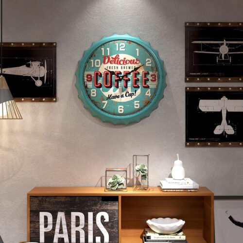 Bottle Cap Design Iron Retro Wall Clock 13" Vintage Style, Silent Non-Ticking Ba