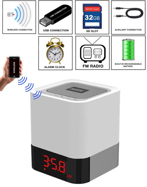 Boytone BT-83CR Portable Bluetooth speaker FM, Alarm Clock,3 way touch lamp