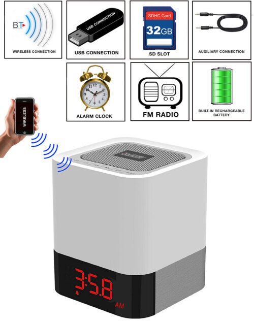 Boytone BT-83CR Portable Bluetooth speaker FM, Alarm Clock,3 way touch lamp