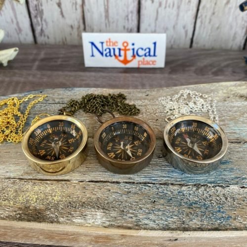Brass Compass - Sundial, Push Button w/ Lid, Antique, Gold, Silver, Necklace