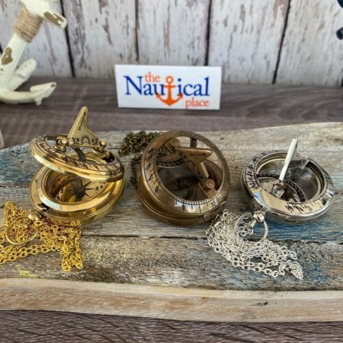 Brass Compass - Sundial, Push Button w/ Lid, Antique, Gold, Silver, Necklace