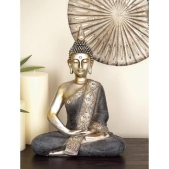 Brass Polystone Meditating Buddha Sculpture with Engraved Carvings and Relief Detailing