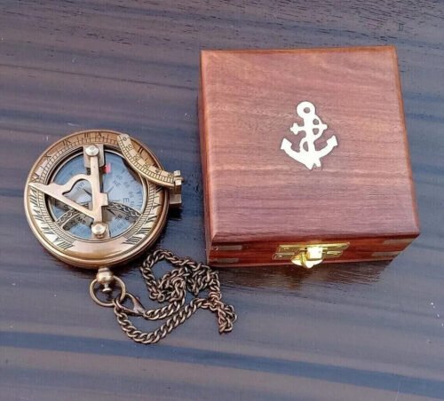 Brass sundial compass with chain and wooden case handmade nautical gift item
