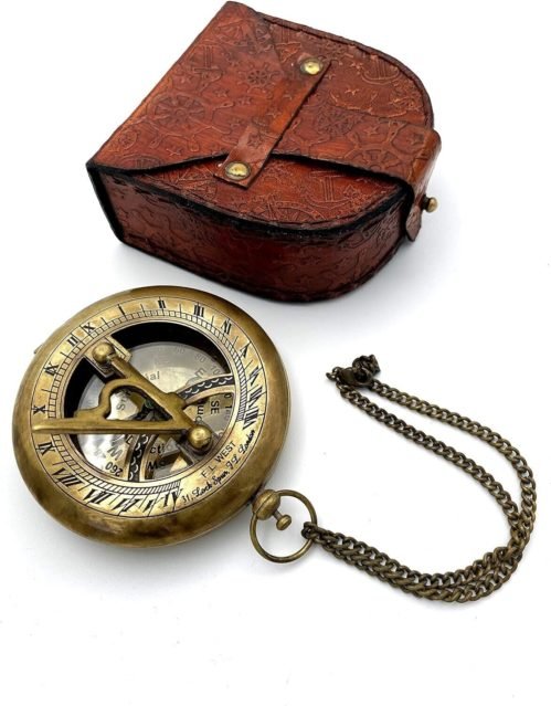 Brass Sundial Compass with Leather Case and Chain - Push Open Compass - Steampun