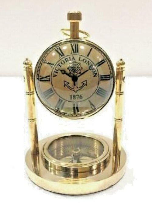 Brass Table Clock Handmade Nautical Vintage Maritime Small Table Watch Compass