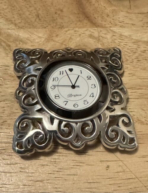 Brighton Desk Clock Silver Tone Scrolled Case Square (((Needs New Battery)))