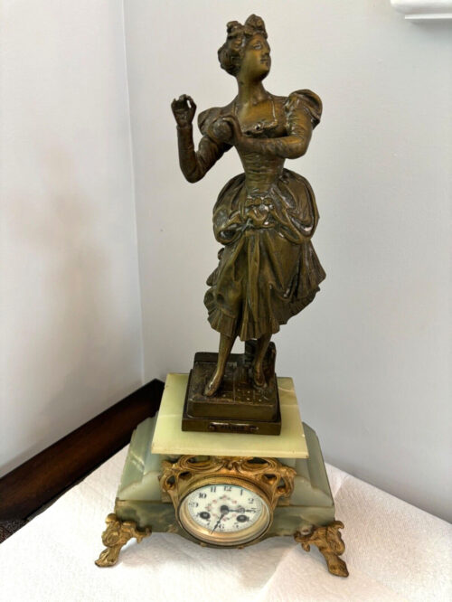 BRONZE AND MARBLE CLOCK THE 'FIANCE' PAR LAVERGNE