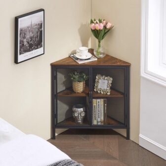 Brown 3-Tiers Corner Shelf Metal Frame Shelves Storage Organizer Ventilation Protection Door...
