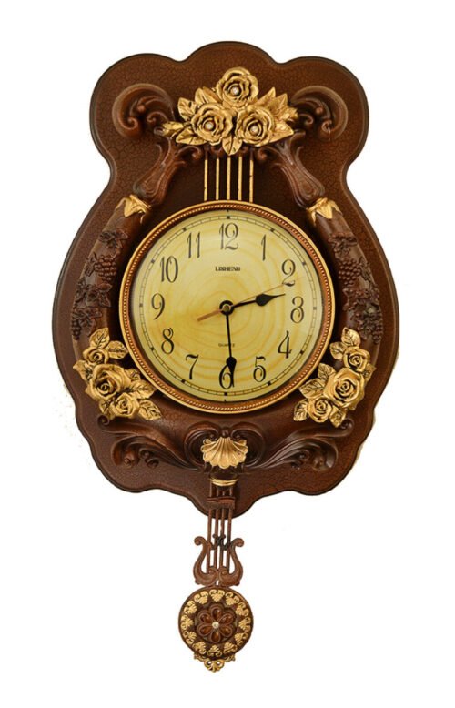 Brown and Gold Rose Antique Pendulum Wall Clock