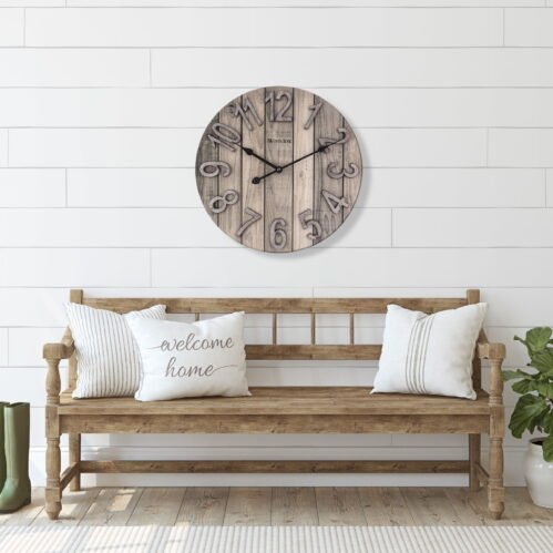 Brown Farmhouse Style Wood Grain Analog QA Wall Clock with Raised Numbers 15.5"
