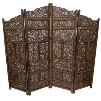 Brown Hand Carved Foldable 4 Panel Wooden Partition Room Divider