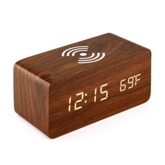 Brown LED Digital Alarm Clock with Qi Wireless Charging, Sound Control, Date,...