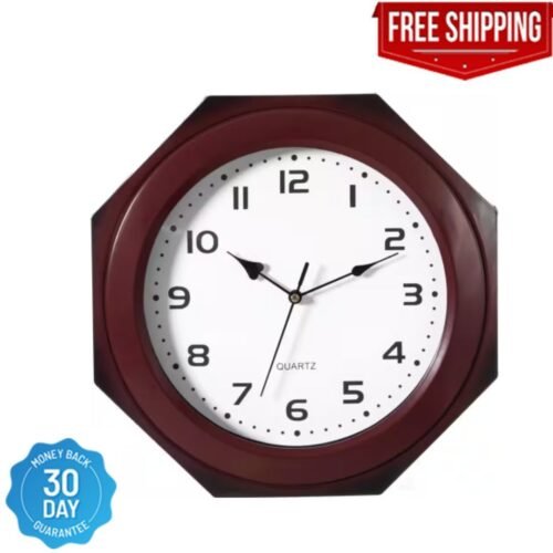 Brown Modern Decorative Octagon Shaped Wood Looking Plastic Wall Clock