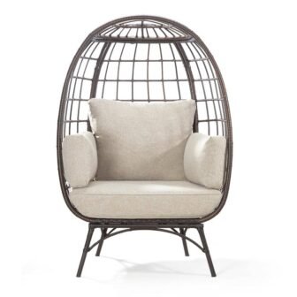 Brown Patio Wicker Egg Chair with Cushion, Oversized Indoor Outdoor Lounger for...