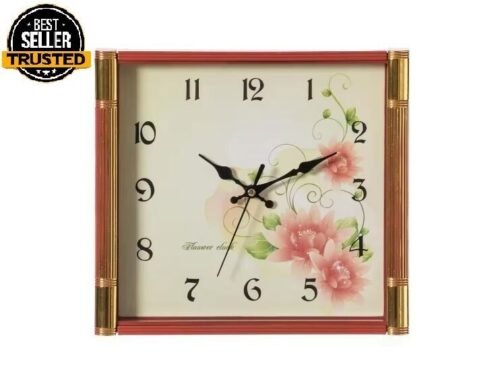 Brown Unique Modern Square Shaped Wall Clock with Floral Design. FREE SHIPPING