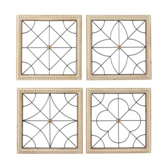 Brown Wood Carved Beading Geometric Wall Art with Metal Wire (Set of
