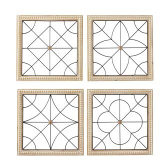 Brown Wood Carved Beading Geometric Wall Art with Metal Wire (Set of...