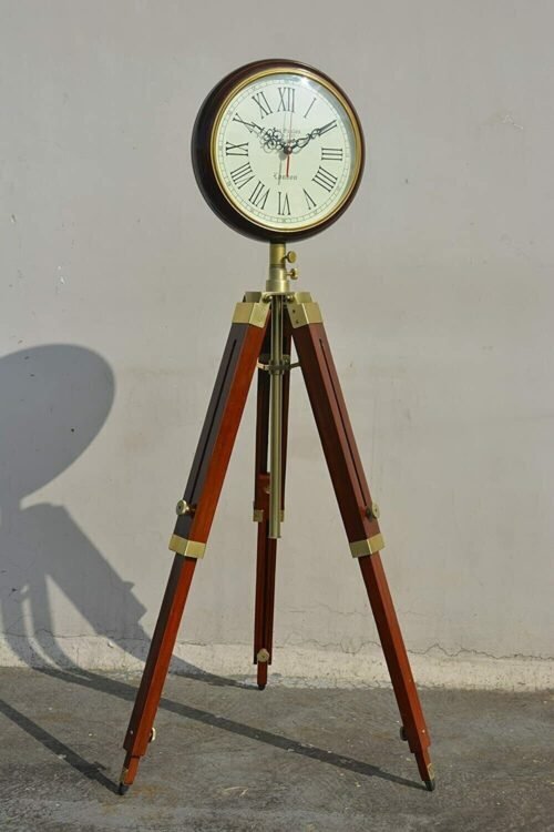 Brown Wood Grandfather Style Floor Clock Vintage Industrial 3 Folding Tripod