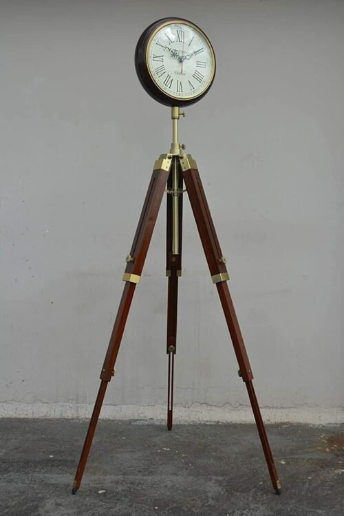 Brown Wood Grandfather Style Floor Clock Vintage Industrial 3 Folding Tripod