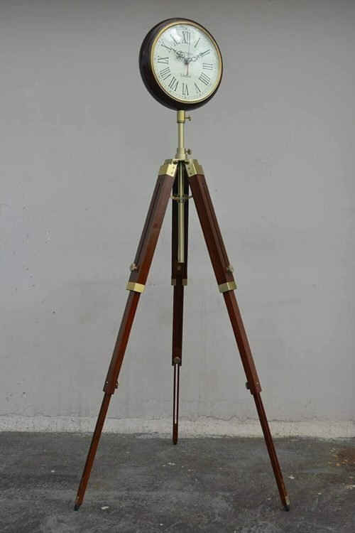 Brown Wood Grandfather Style Floor Clock Vintage Industrial 3 Folding Tripod