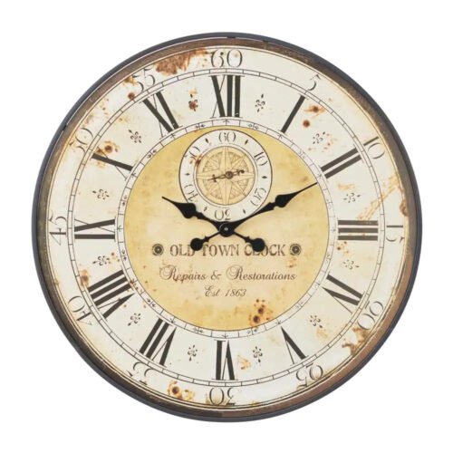 Brown Wood Vintage Wall Clock 32 inch Distressed Metal Large Decorative Roman