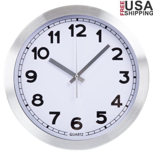 Brushed Aluminum Wall Clock Quartz Movement Keyhole Mount Modern Decor 12in New