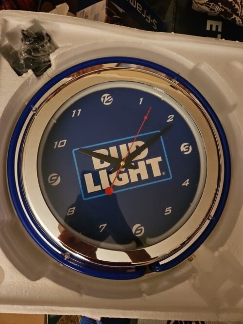 Bud Light Blue Lighted Analog Neon Clock Pull Cord With Power Adapter