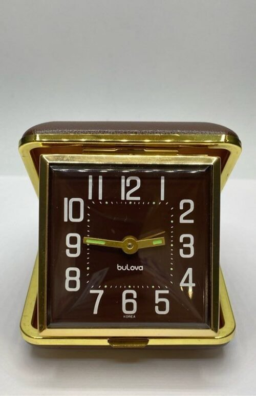 Bulova 2 1/3" Retro Brown Dial Leather Case Travel Alarm Clock Metal Men's Watch