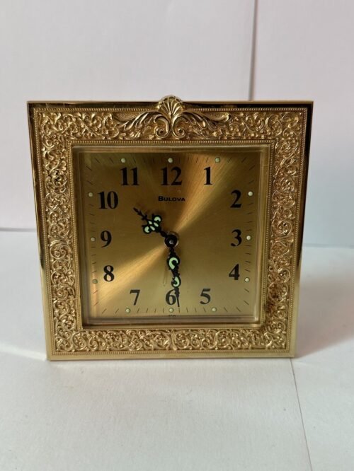 Bulova Alarm Clock Desk/Table Alarm Clock Etched Frame Brassy Gold Finish Color