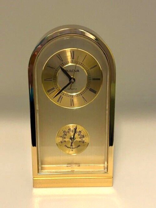 Bulova Analog Quartz Brass Desk Mantle Alarm Clock & Thermometer Model B7820