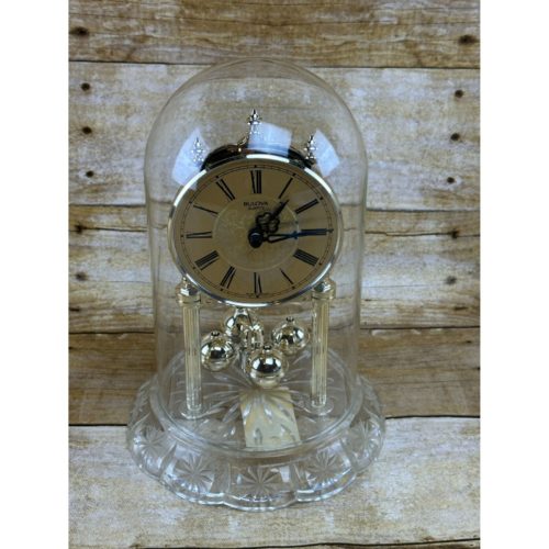 BULOVA Anniversary Mantle Clock CRYSTAL BASE & Glass Dome GERMANY 9” Tall