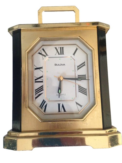 Bulova B-7332 Analog Quartz Clock Desk Table Shelf Alarm Gold Black Japan Read