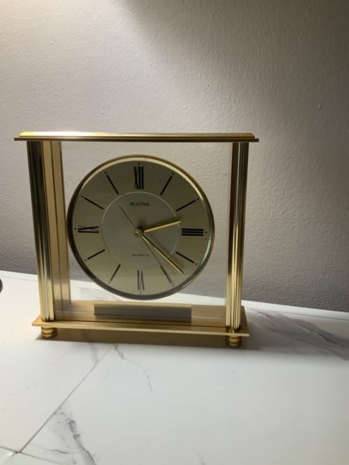 BULOVA B 1700 clock , Square ,Quartz Manttel Desk shelf Clock,Gold colour carri