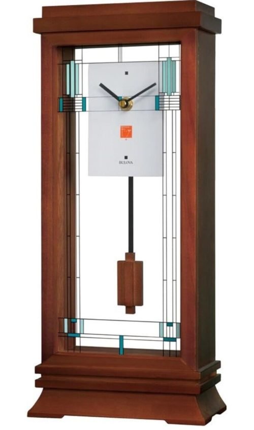 BULOVA B1839 WILLITS FRANK LLOYD WRIGHT 14" MANTEL PENDULUM CLOCK, WALNUT FINISH