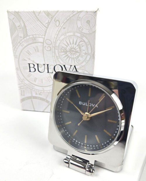 Bulova B1879 Chrome Traveler Flip Cover Tabletop Alarm Clock NEW IN BOX