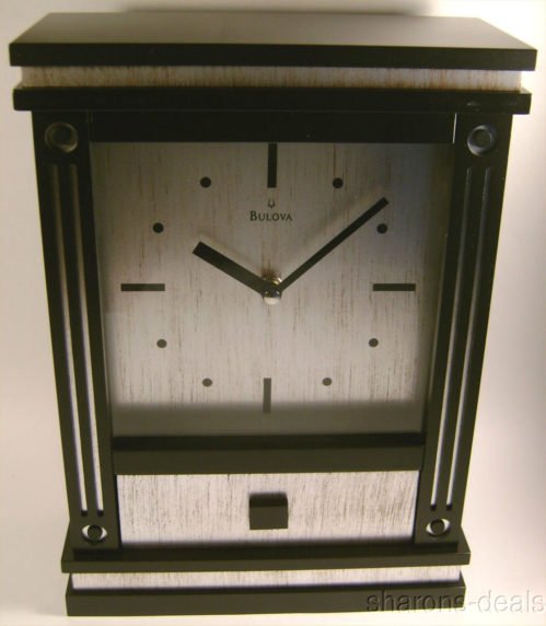 Bulova B7659 Lyondel Mantel Clock Drawer Wood Satin Black Finish Pewter Mantle