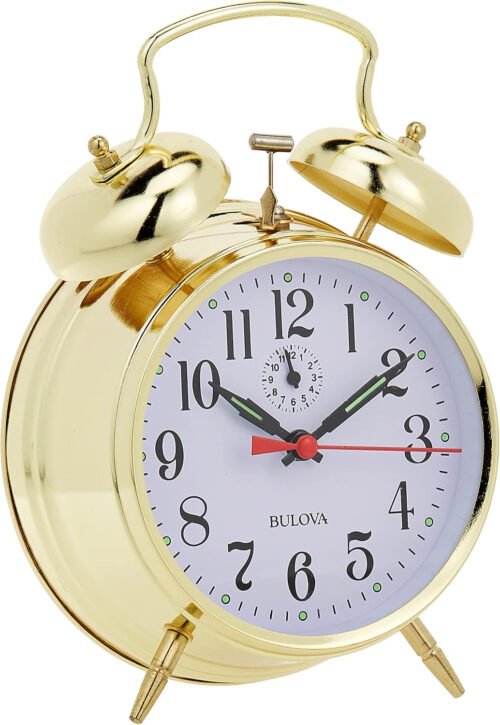 Bulova B8124 Bellman Alarm Clock, Gold, Brass Finish, Luminous Hands, Key Wind