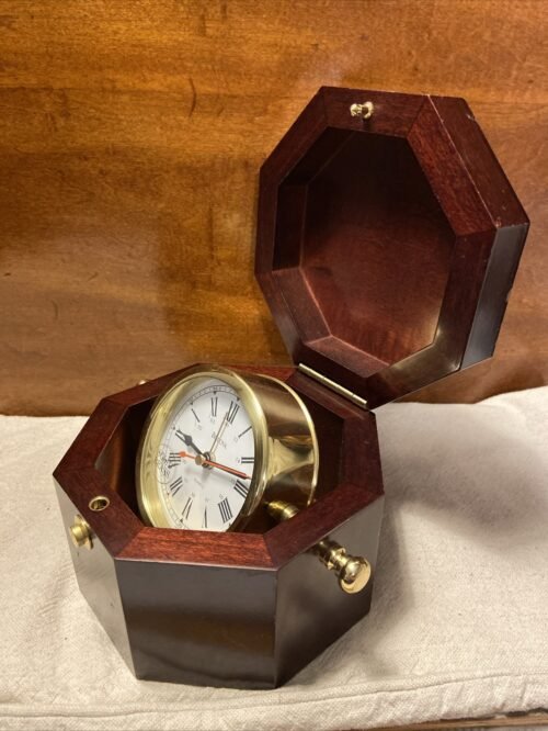 Bulova Brass Quartz Desk/Tabletop Alarm Clock In Redwood Box - Japan