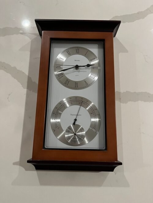 Bulova C3760 Wooden Weather Station Wall Clock Thermometer Hygrometer Wood