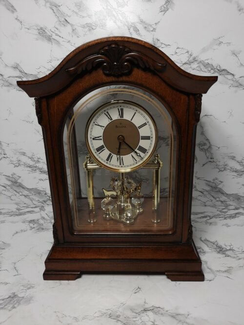 Bulova Clocks B1845 Durant Walnut Wood and Glass Revolving Pendulum Clock