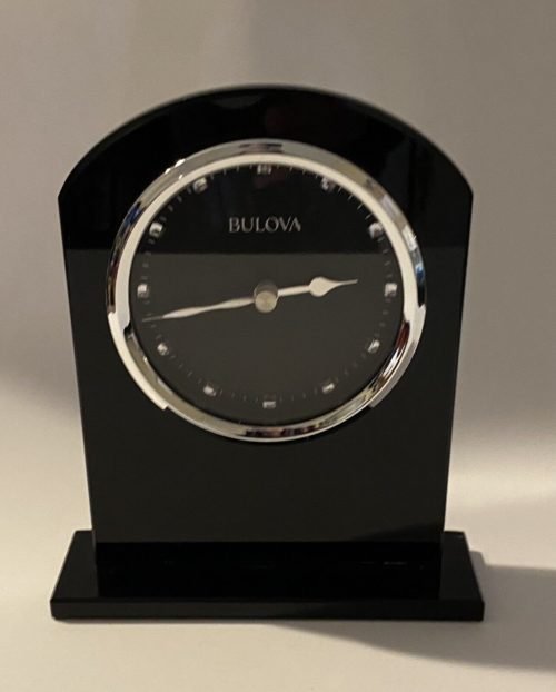 Bulova Desk / Shelf Clock Ebony Black w/ Crystals B5010 6”tall